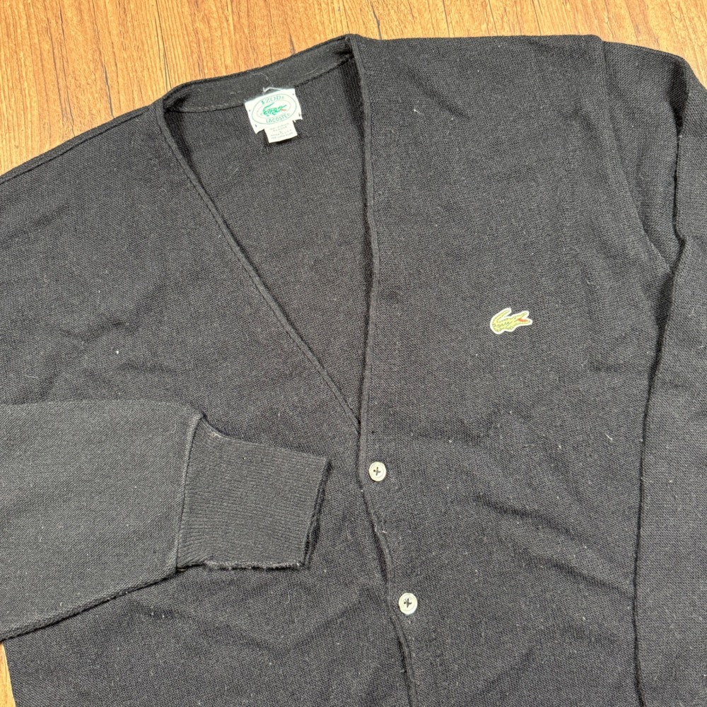 Vtg Izod Lacoste Cardigan Sweater Mens L Black Acrylic Knit V Neck Made in USA